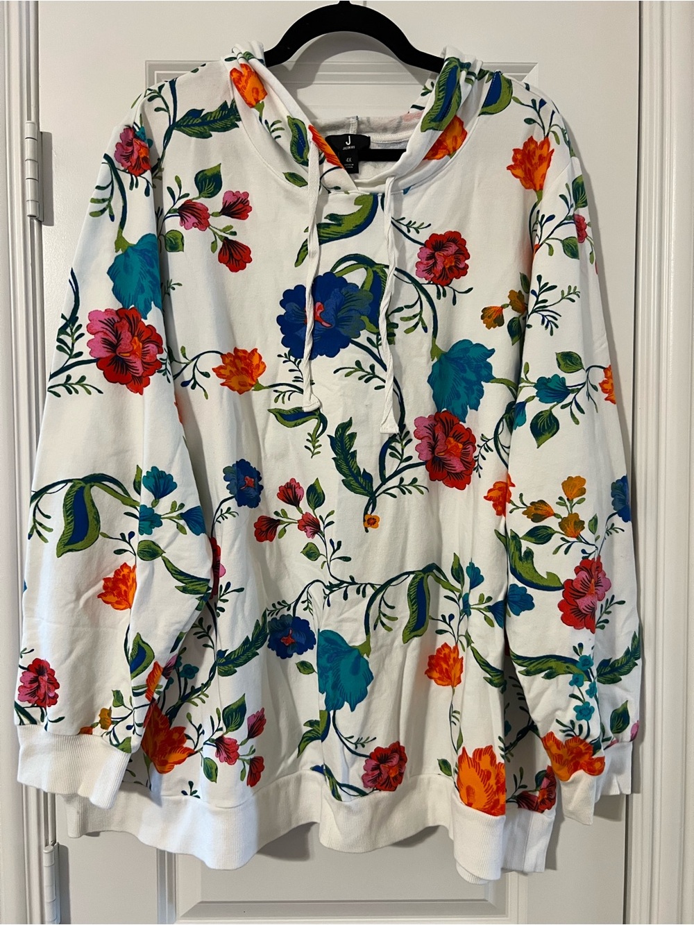 Floral Print Hooded Pullover Sweatshirt - White with Multicolor Flowers